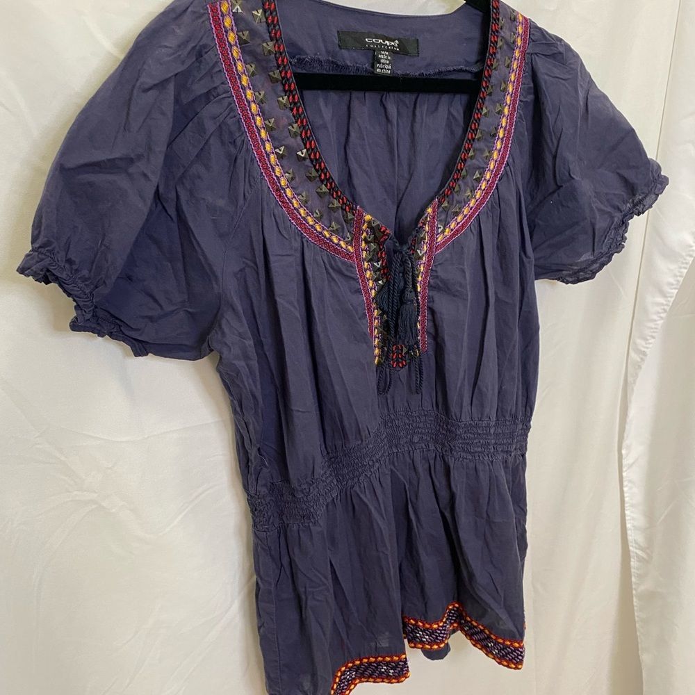 Coupe Collection beautifully embroidered navy blouse, size M